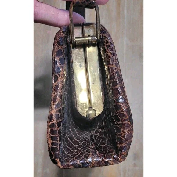 Vintage 1950s Dark Chocolate Crocodile Purse Bag Leather Bellstone Pinup Germany